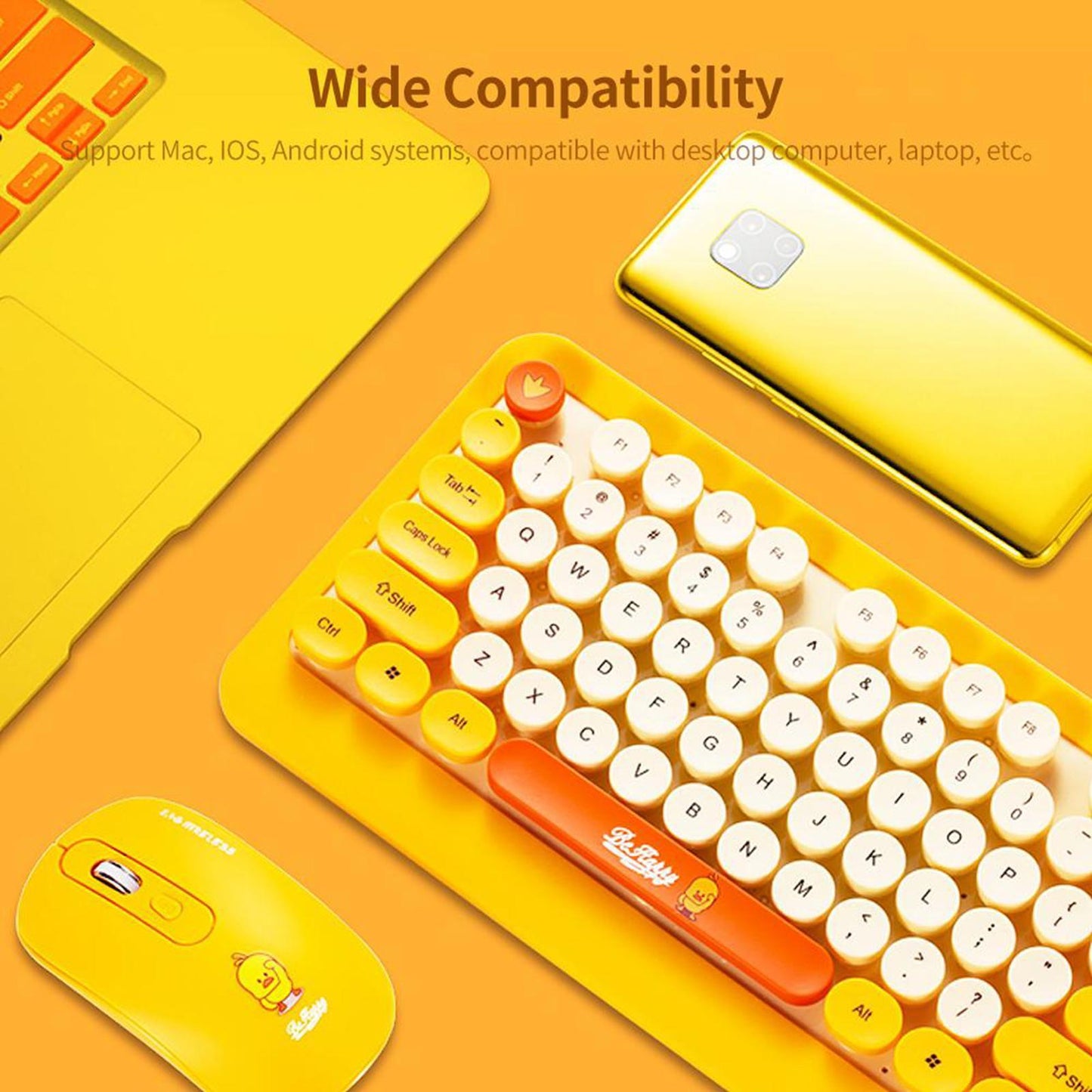 Desktop 2.4G Wireless Keyboard & Mouse Combo Retro Round Key Yellow