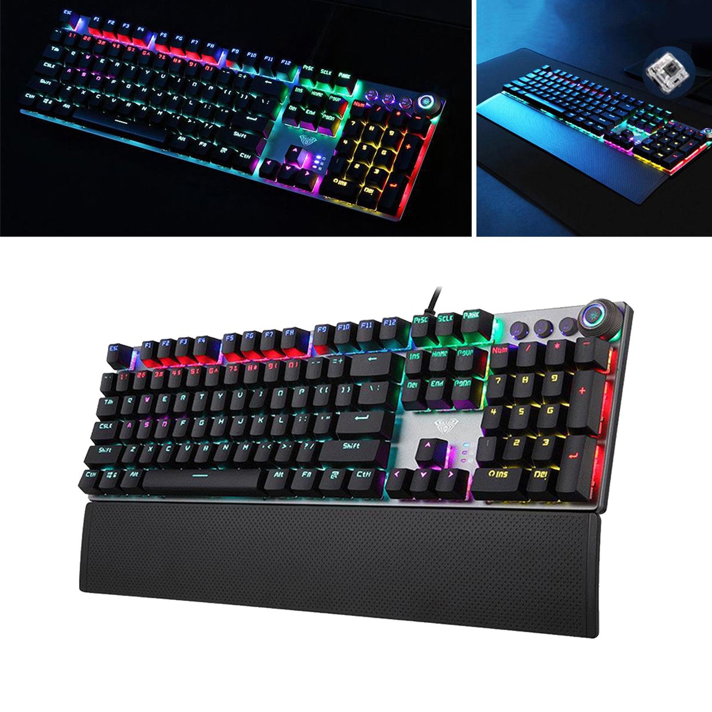 LED Backlit Mechanical Keyboard with Hand Rest Quick-Response for PC Gamers Black Switch
