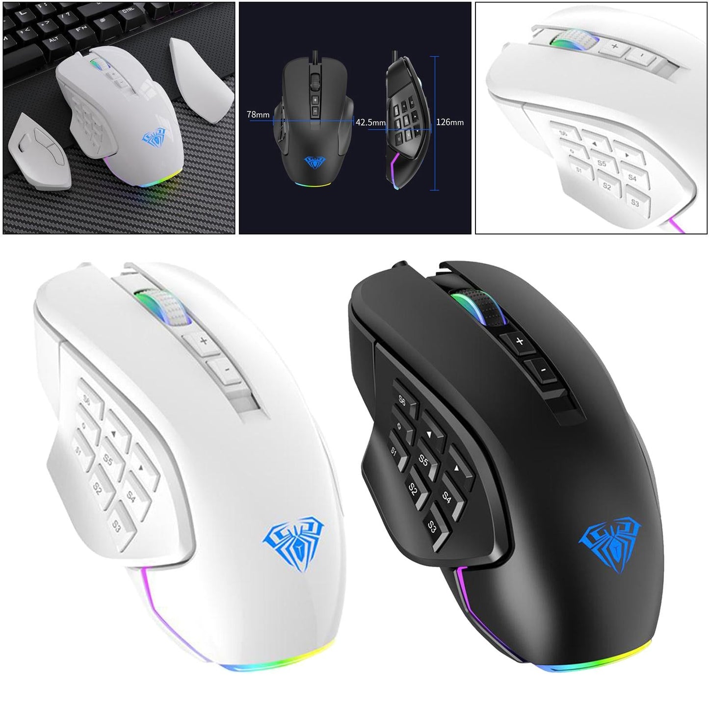 Breathing Light Ultralight Wired 14 Buttons Mice for Gamer Desktop Desktop white