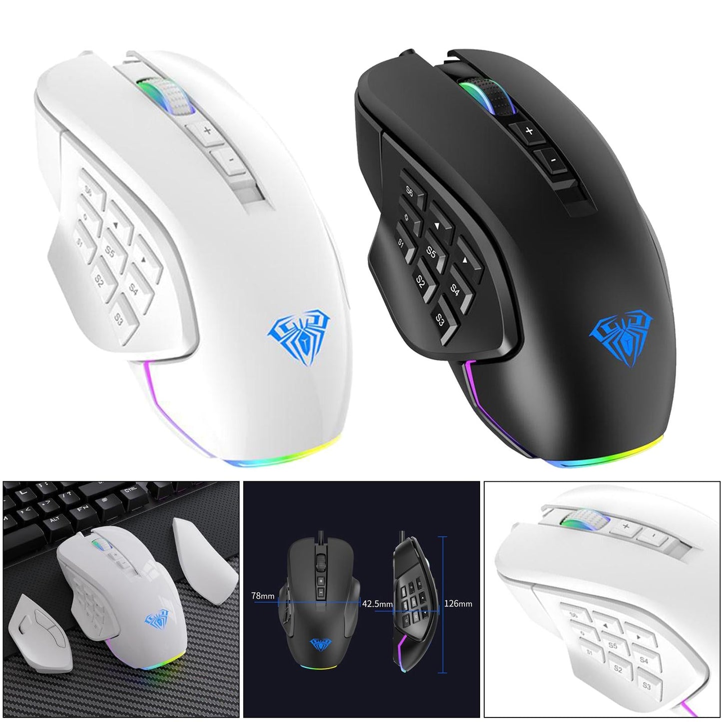 Breathing Light Ultralight Wired 14 Buttons Mice for Gamer Desktop Desktop white