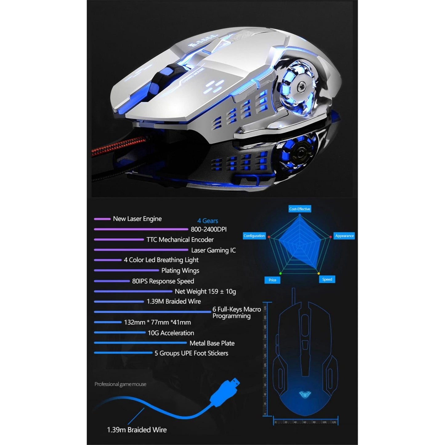 S20 Gaming Mouse Wired Adjustable 2400DPI Max Programmable PC Gaming black