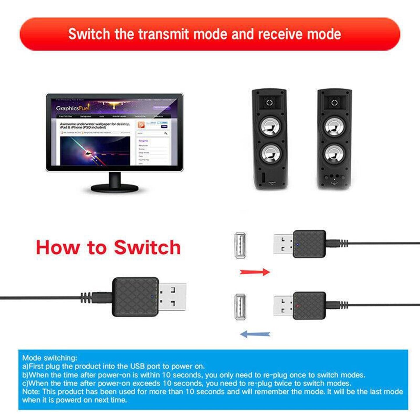 USB Bluetooth 5.0 Adapter for PC Windows 10/8/8.1 Headset Headphone Speaker