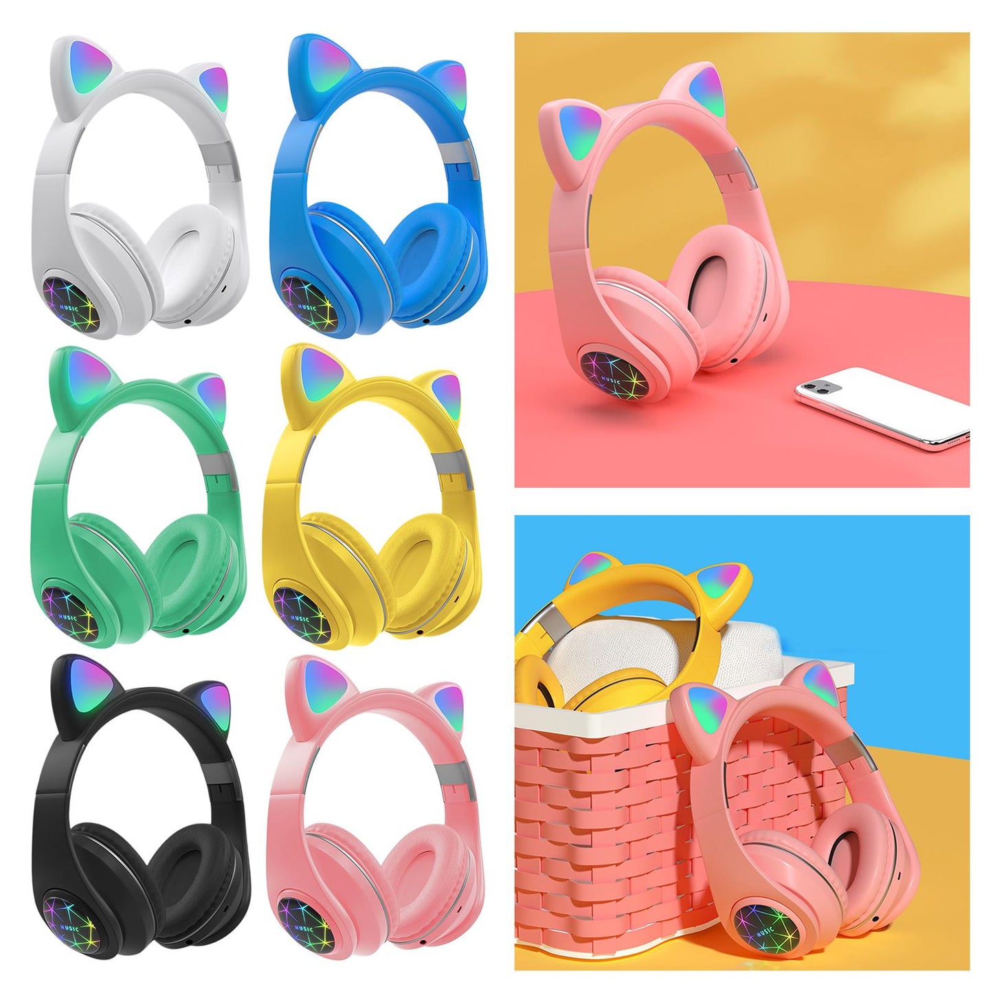 Portable Cat Ear Head-Mounted Headset 3.5MM Plug Stereo Sound for iOS Women Black