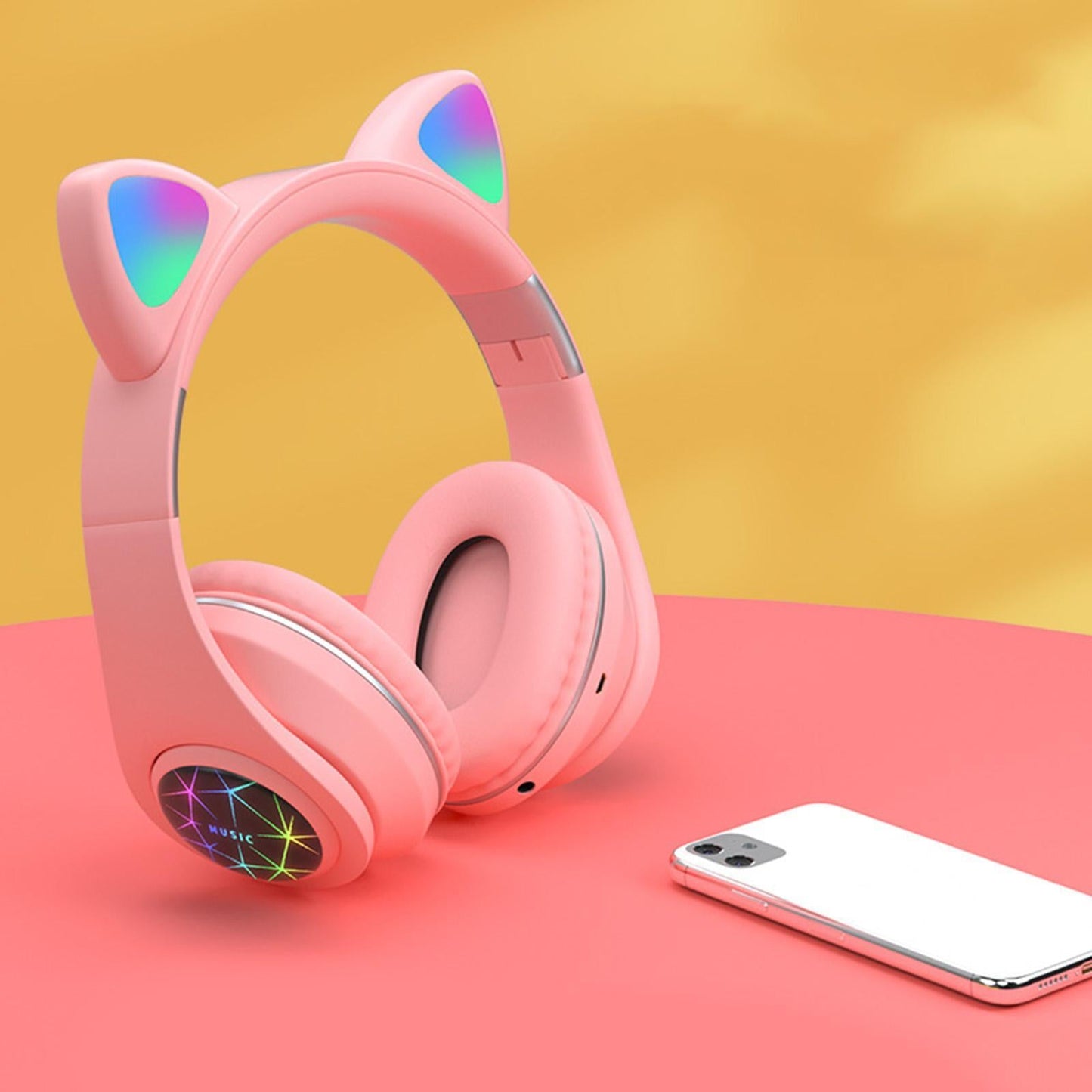 Portable Cat Ear Head-Mounted Headset 3.5MM Plug Stereo Sound for iOS Women White