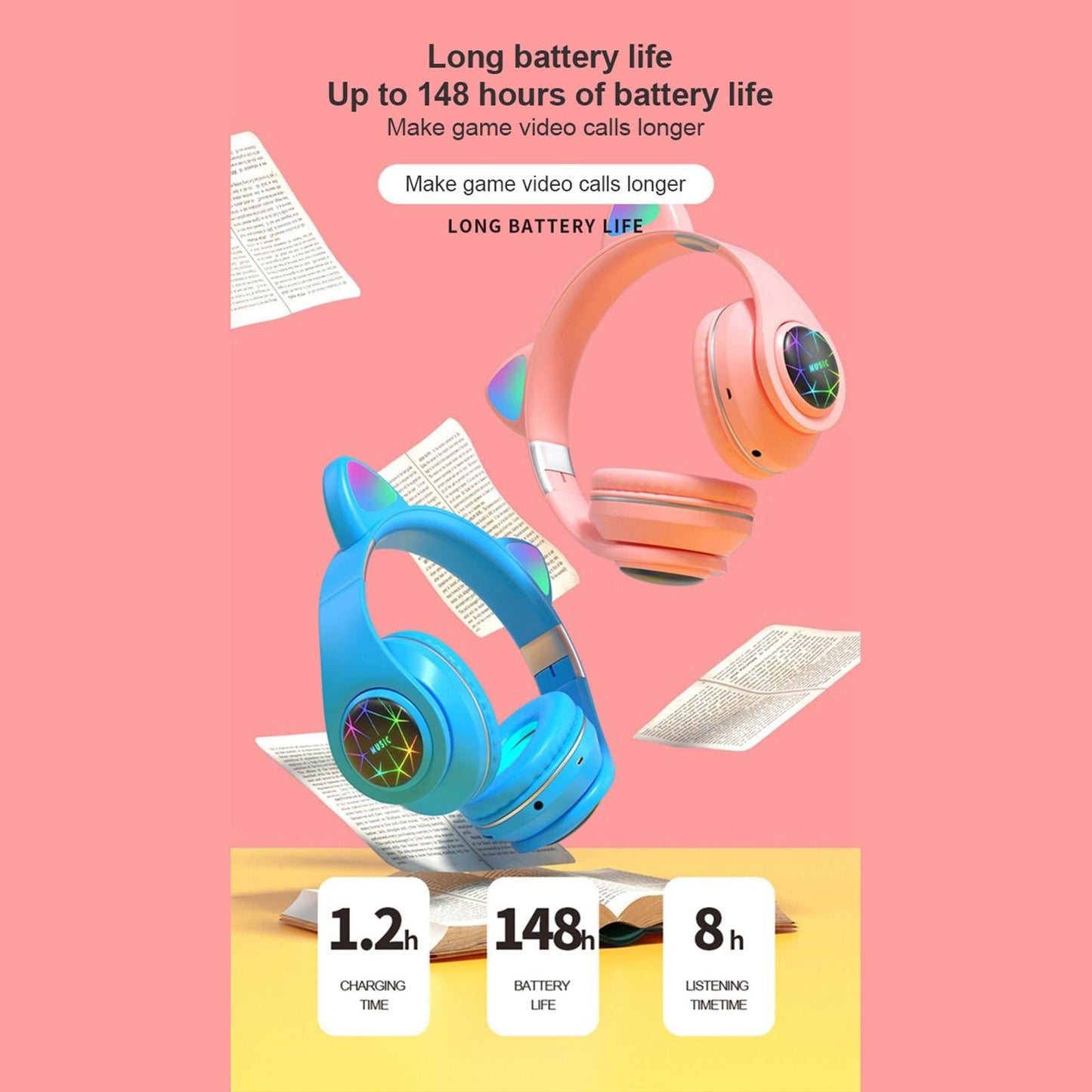 Portable Cat Ear Head-Mounted Headset 3.5MM Plug Stereo Sound for iOS Women Green