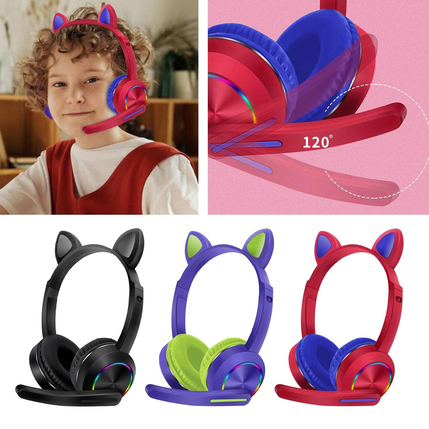 Cat Ear Headphone Bluetooth 5.0 Wireless Headset Earphone w/ Mic for Kids Black