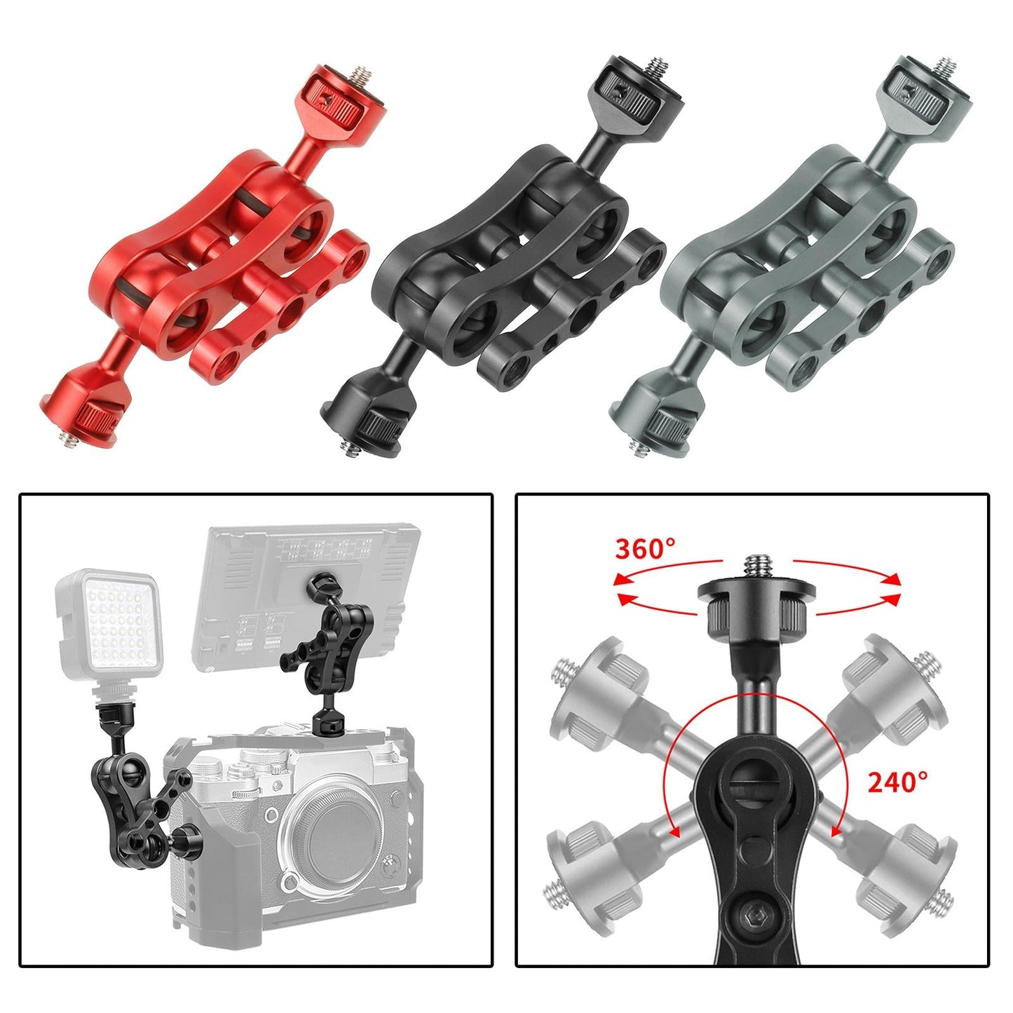 CNC 360 Arm Hand Extension Adapter Double Ballheads for Gopro Hero Red