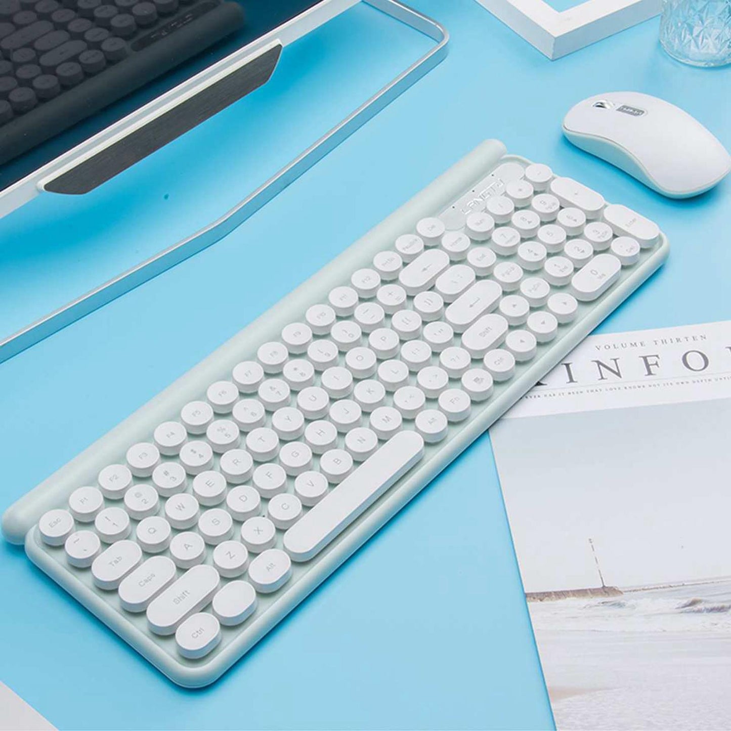 2.4G Wireless Keyboard Mouse Set Retro Round Keycaps Recharge Green 02