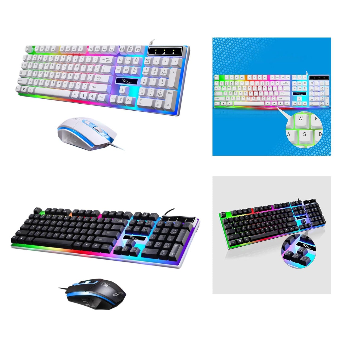 Gaming Wired Keyboard Mouse Kit Rainbow Backlit for Computer White