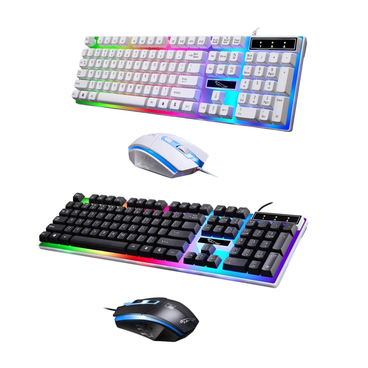 Gaming Wired Keyboard Mouse Kit Rainbow Backlit for Computer White