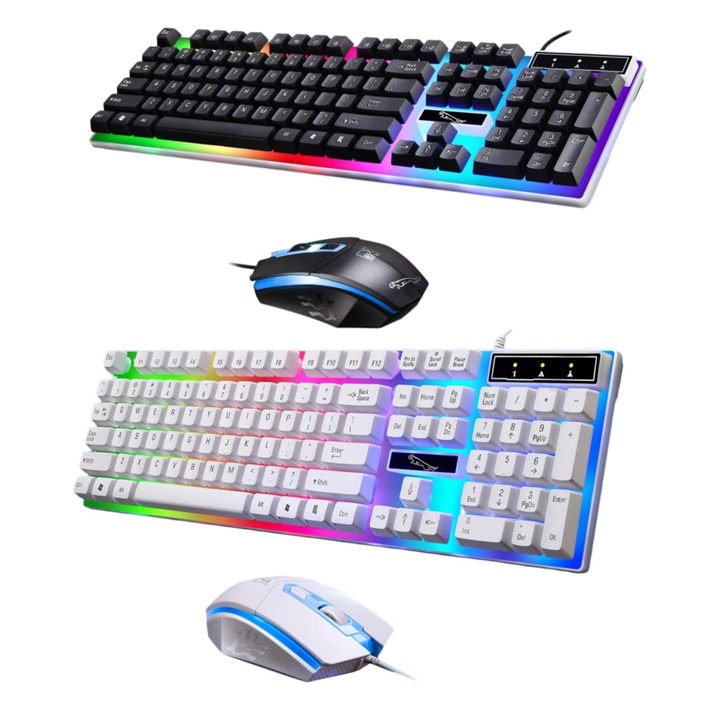 Gaming Wired Keyboard Mouse Kit Rainbow Backlit for Computer White