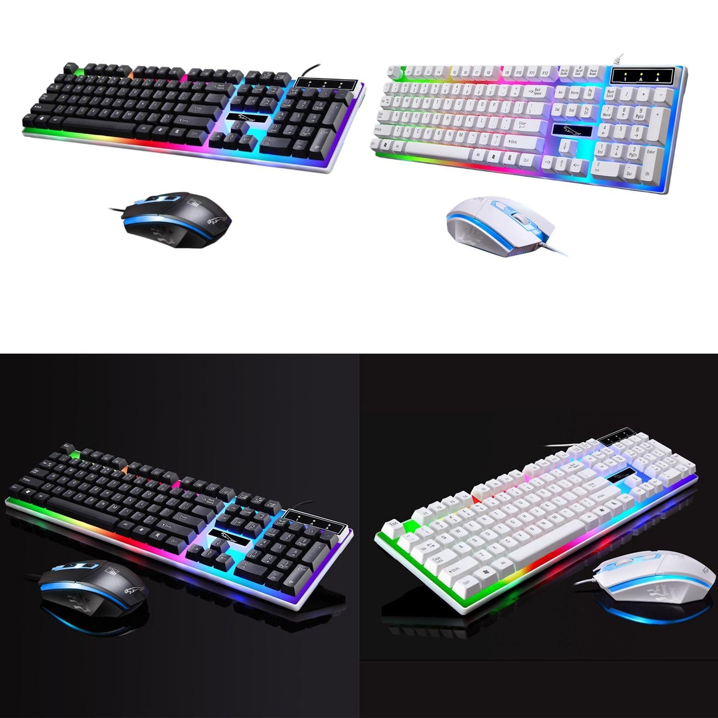 Gaming Wired Keyboard Mouse Kit Rainbow Backlit for Computer White