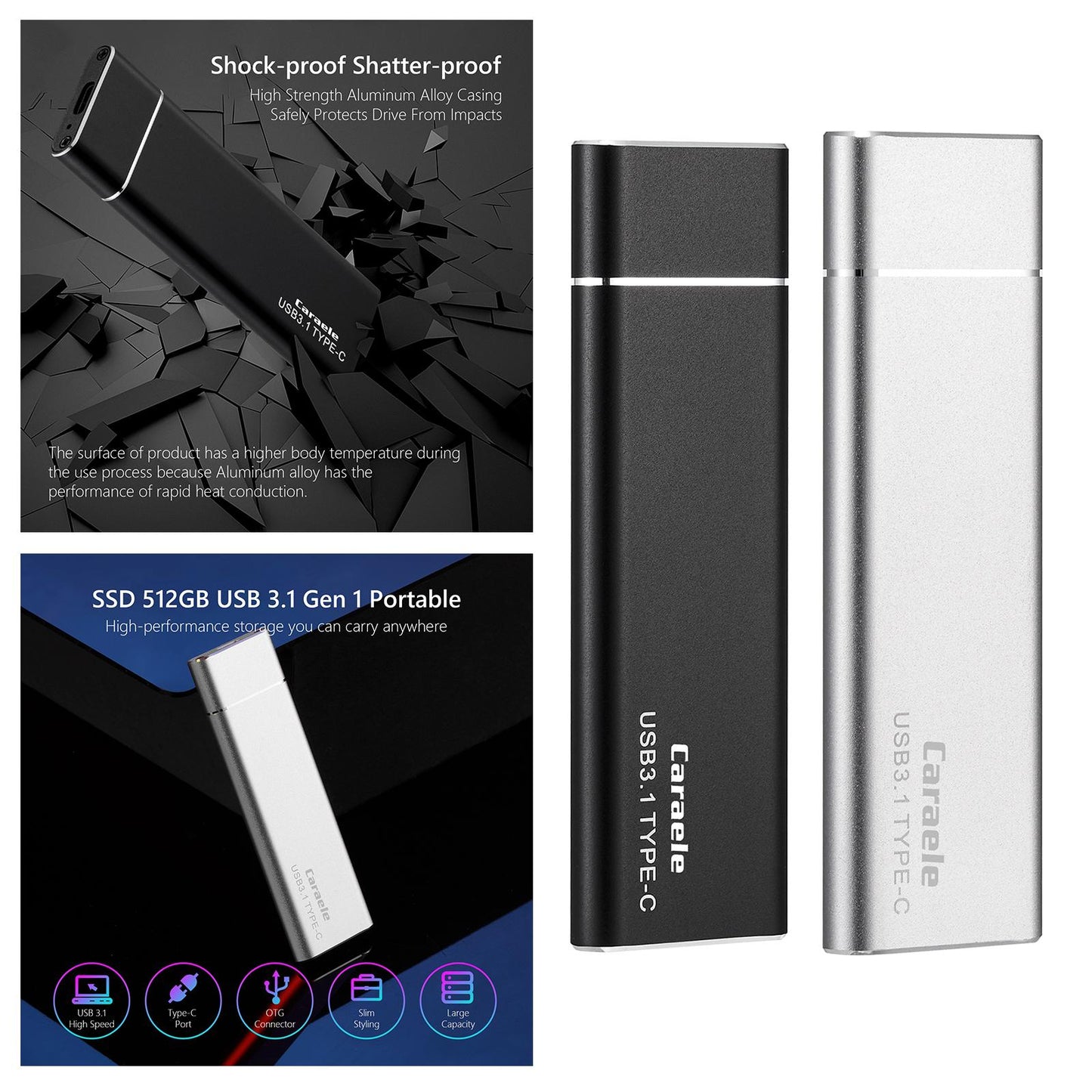 Portable 2TB External SSD Solid State Drive Typc C USB3.1 Compact Black