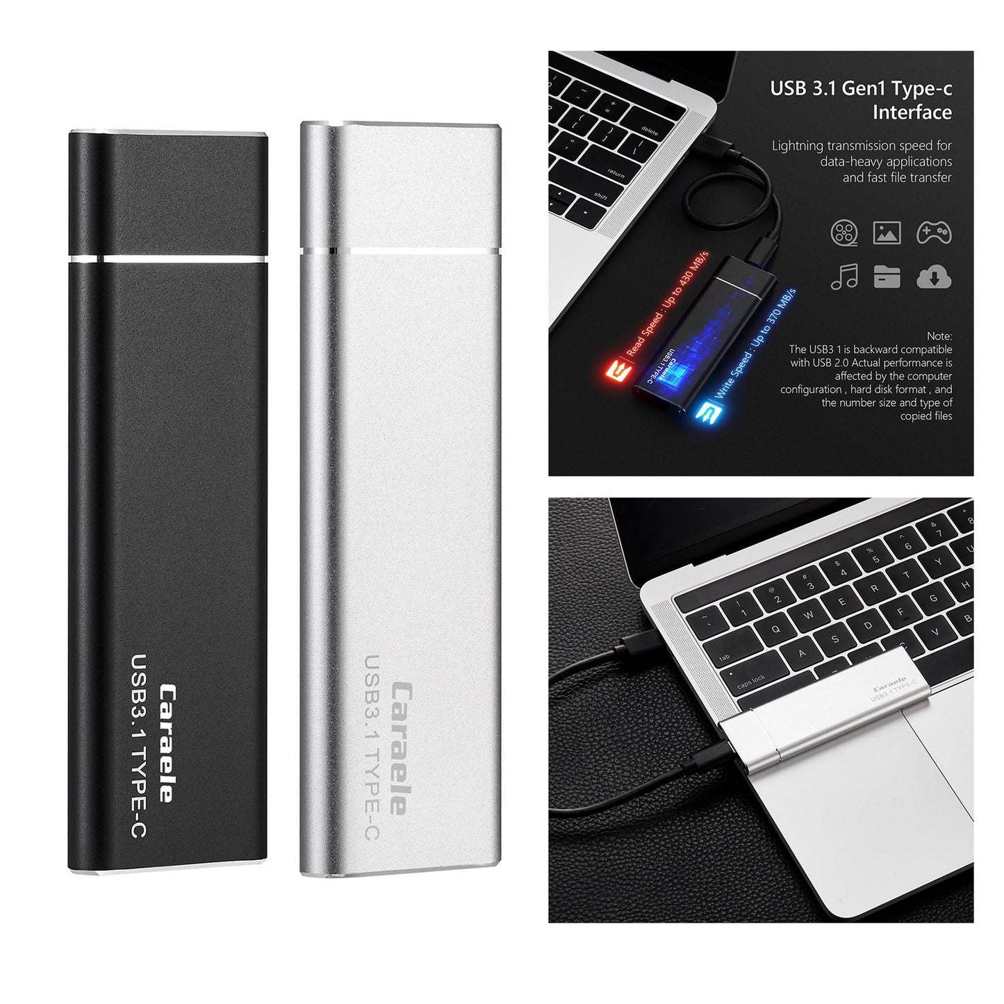 Portable 2TB External SSD Solid State Drive Typc C USB3.1 Compact Black