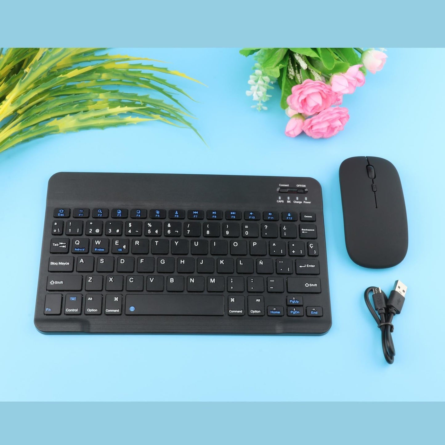 Portable Rechargeable Bluetooth Keyboard 78Keys Spanish for Desktop Black