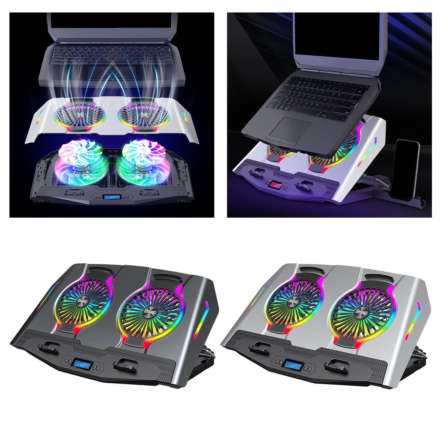 Laptop Cooler Cooling Pad Stand Adjustable Fan For Game PC Notebook Grey