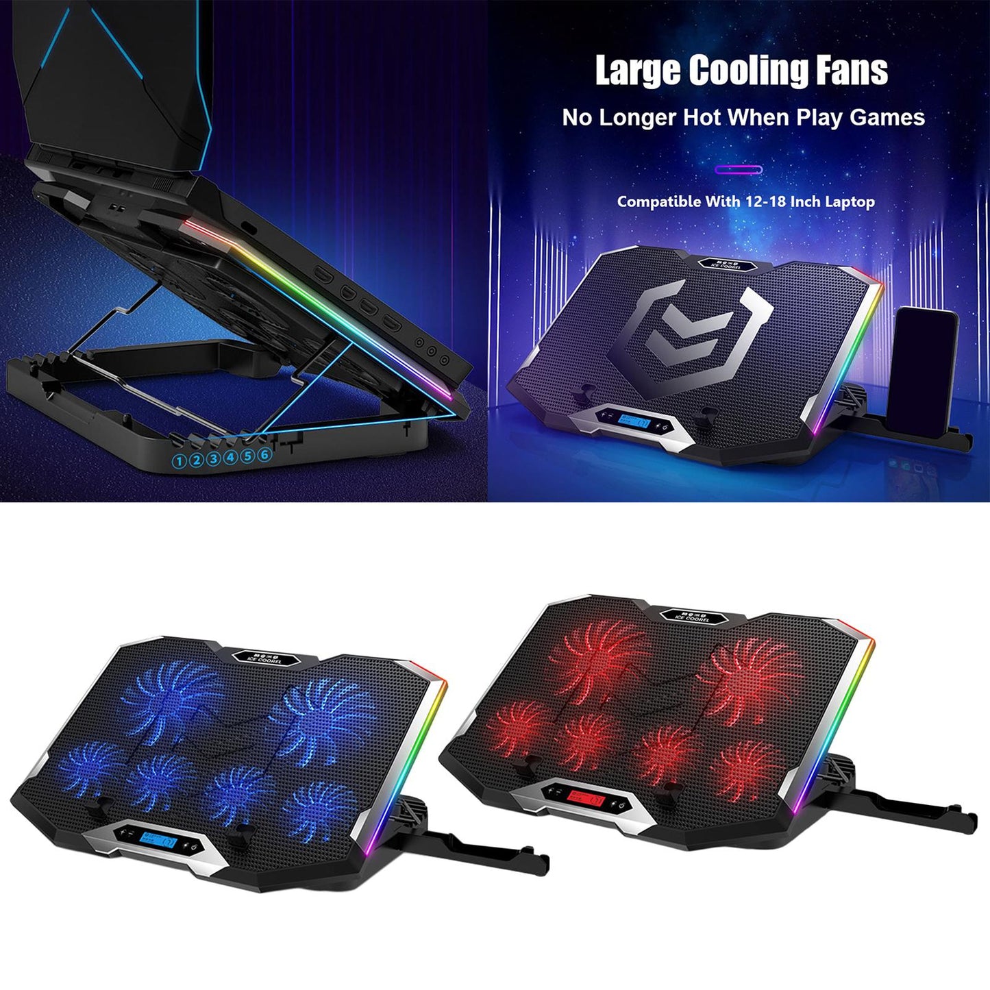 Gaming RGB Laptop Cooler Stand Cooling Pad for 12 to 18 Notebook Red"