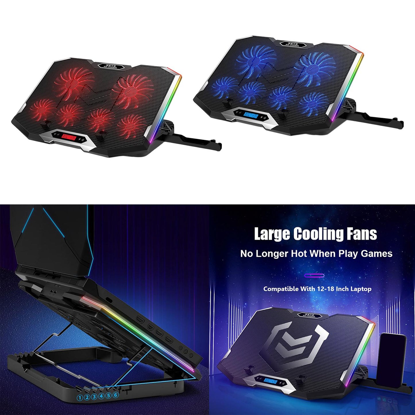 Gaming RGB Laptop Cooler Stand Cooling Pad for 12 to 18 Notebook Red"