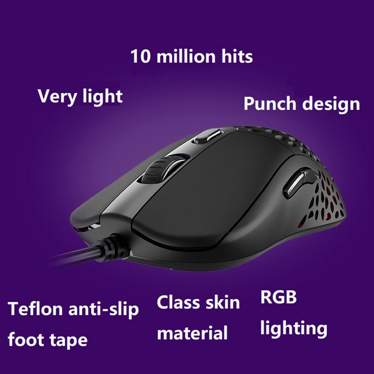 Ultralight RGB Gaming Mouse Wired Hollow-Out Design High Precision Black
