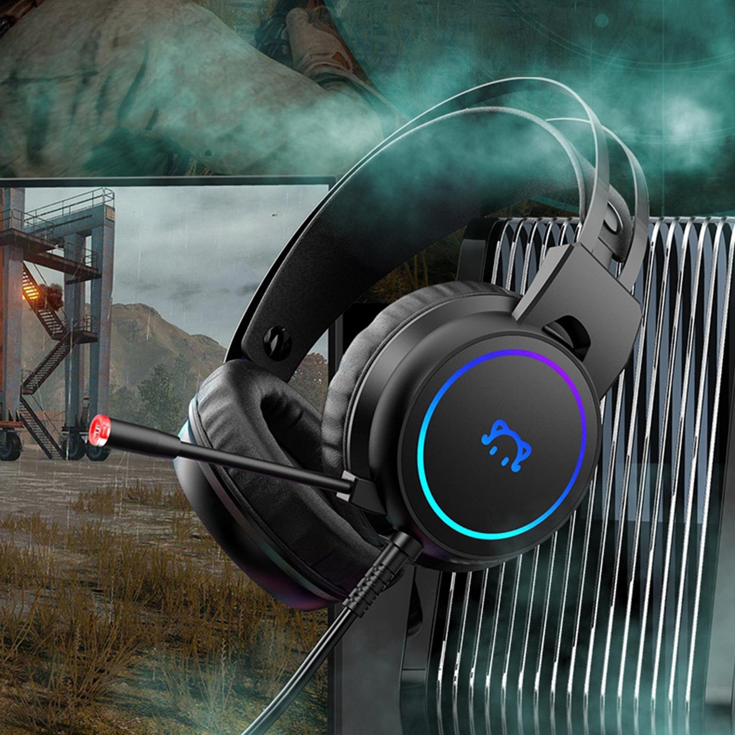 LED Gaming Headphones Wired Earphones 50mm Drive 2.2m Cable Black USB