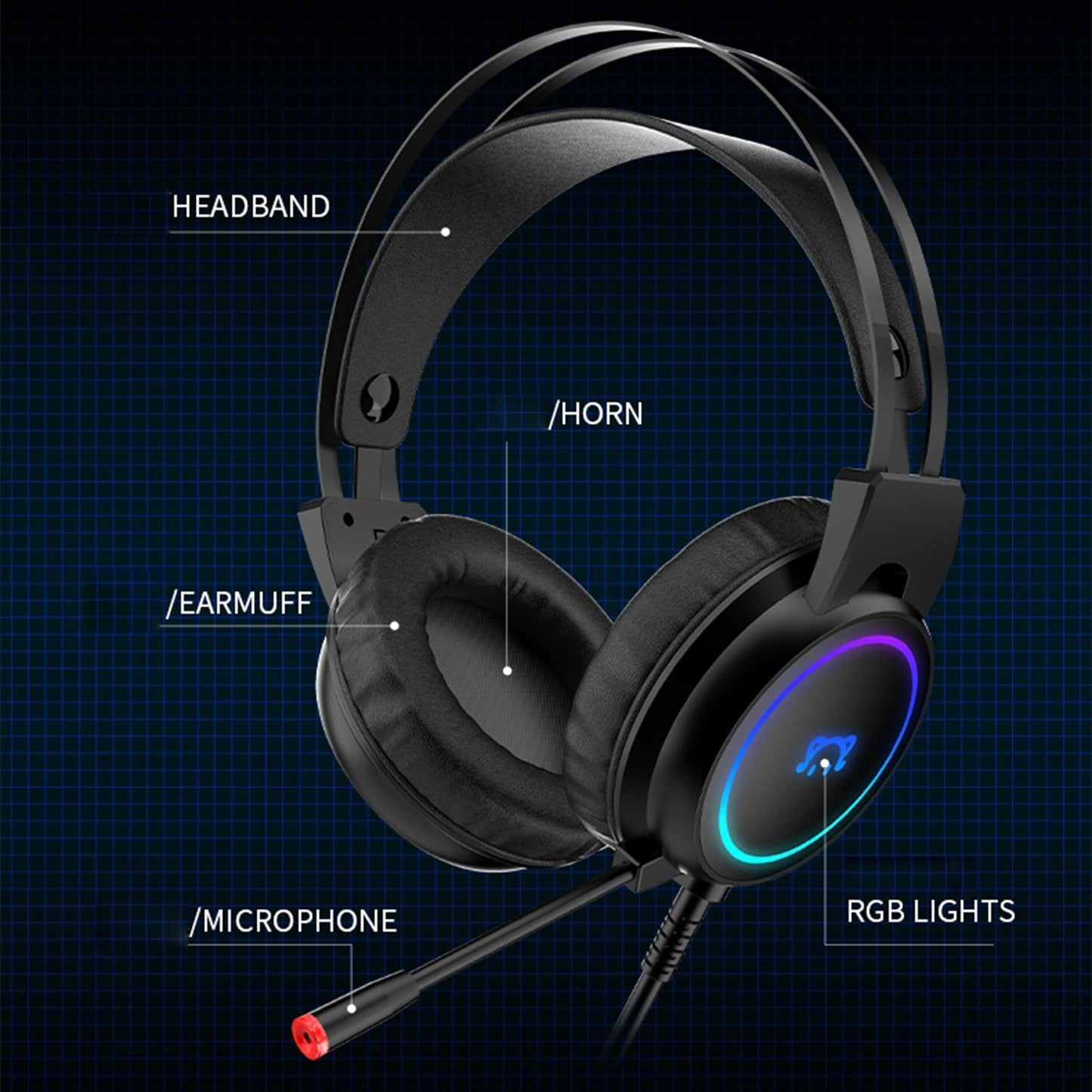 LED Gaming Headphones Wired Earphones 50mm Drive 2.2m Cable Black USB 3.5mm