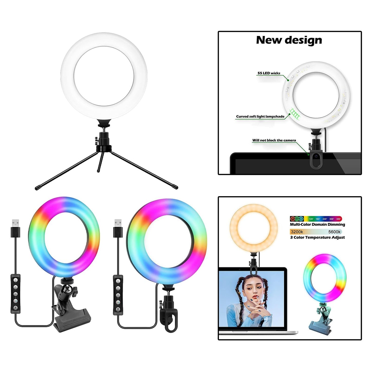 Practical LED RGB Selfie Ring Light Fill Lamp For Laptop Clip Style