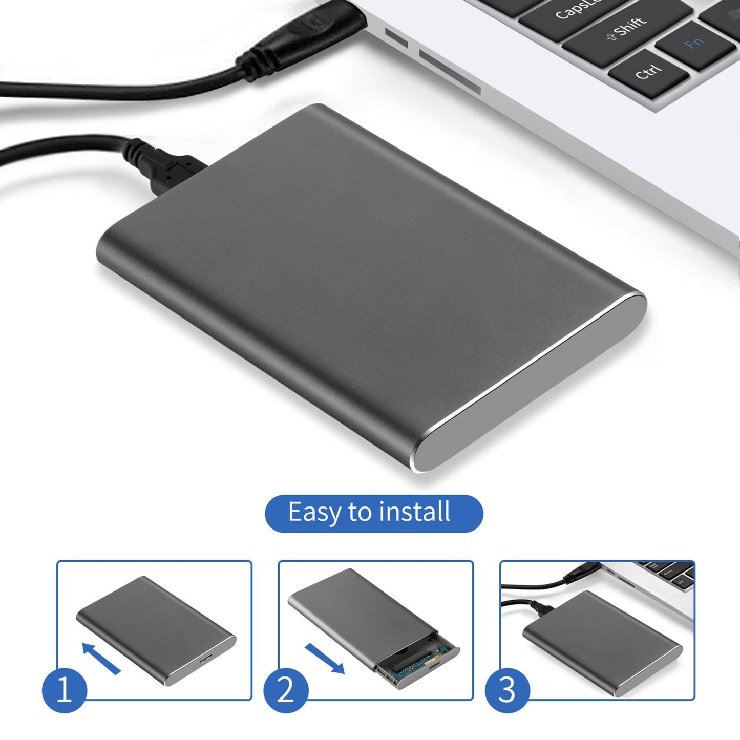 2.5in Portable USB 3.0 SATA 4TB Hard Drive Enclosure Tool Free Silver