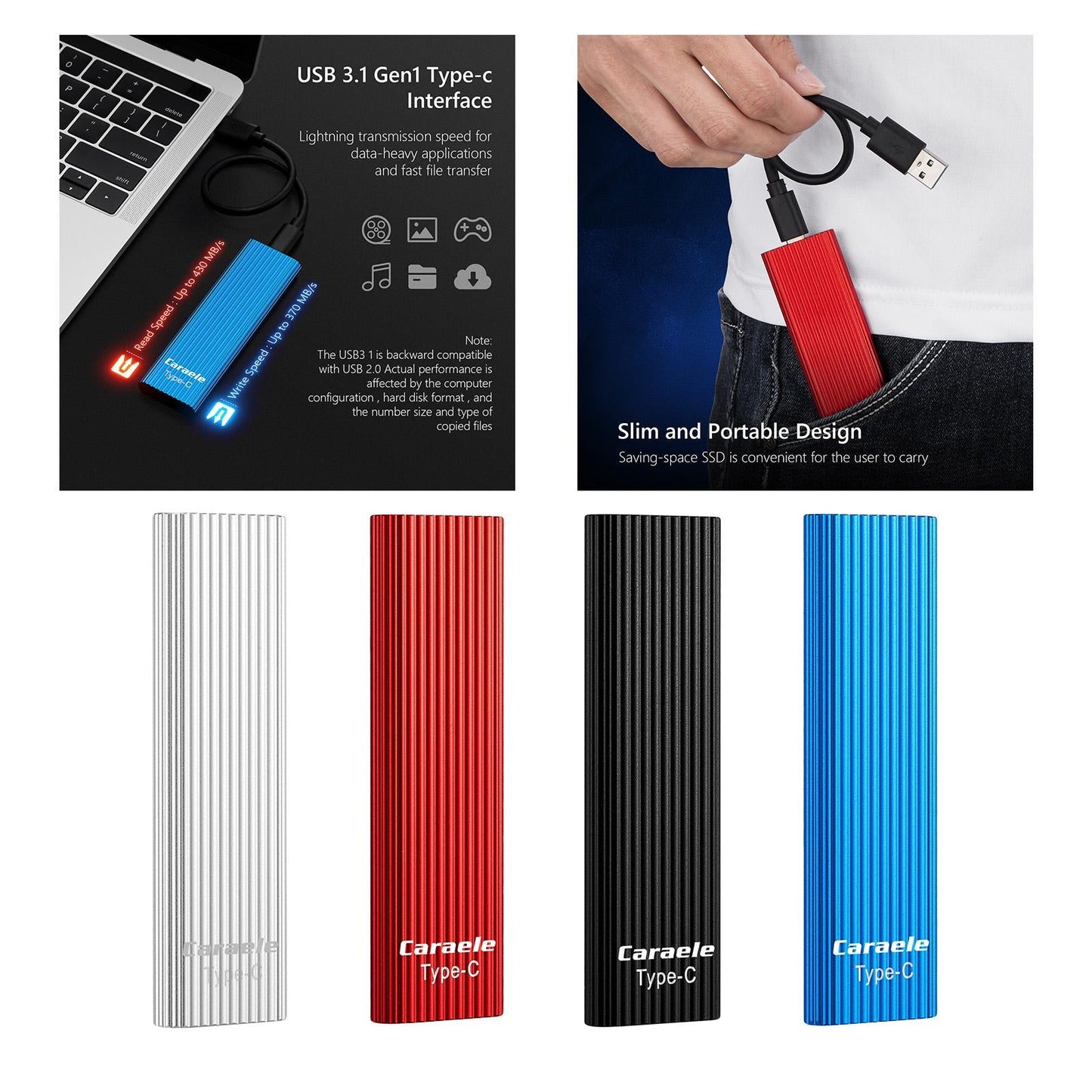 Aluminum Alloy 1TB SSD External Portable Up to 430 MB/s USB 3.1 Gen-1 black