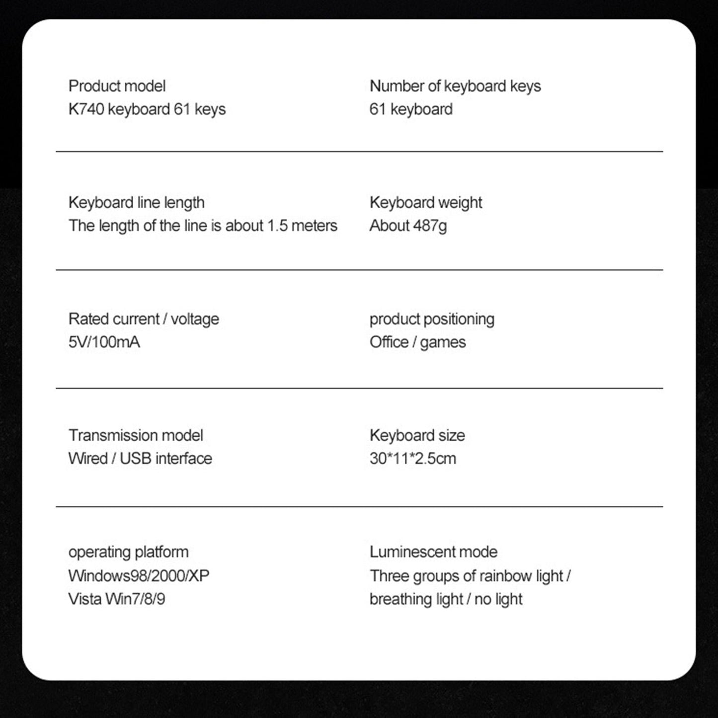 Computer Backlit Keyboard 61 Keys Anti-ghosting for Windows 2000 XP Vista 9 RGB Lights