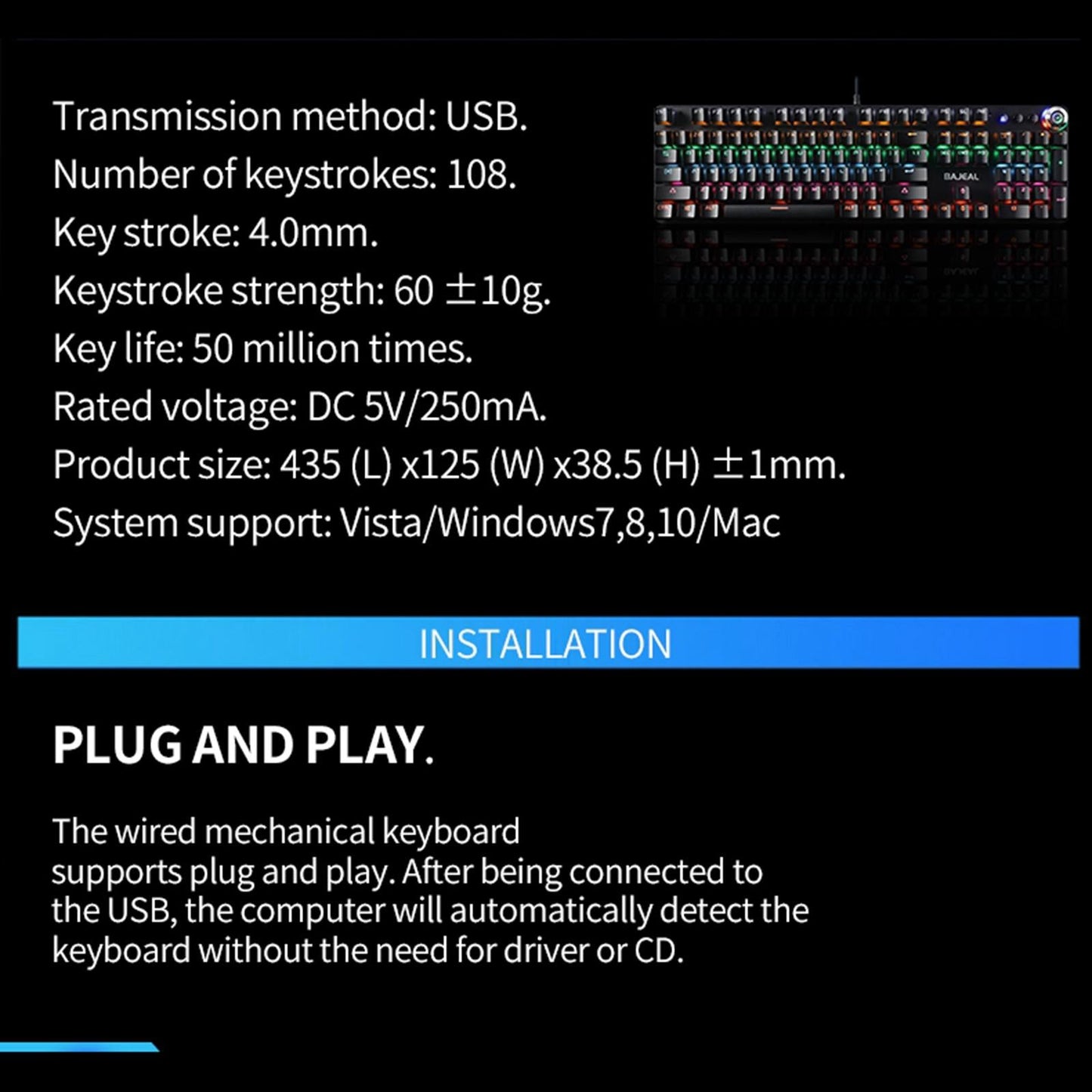 USB Wired Gaming Keyboard Water-Resistant for Windows Gamer Desktop Computer