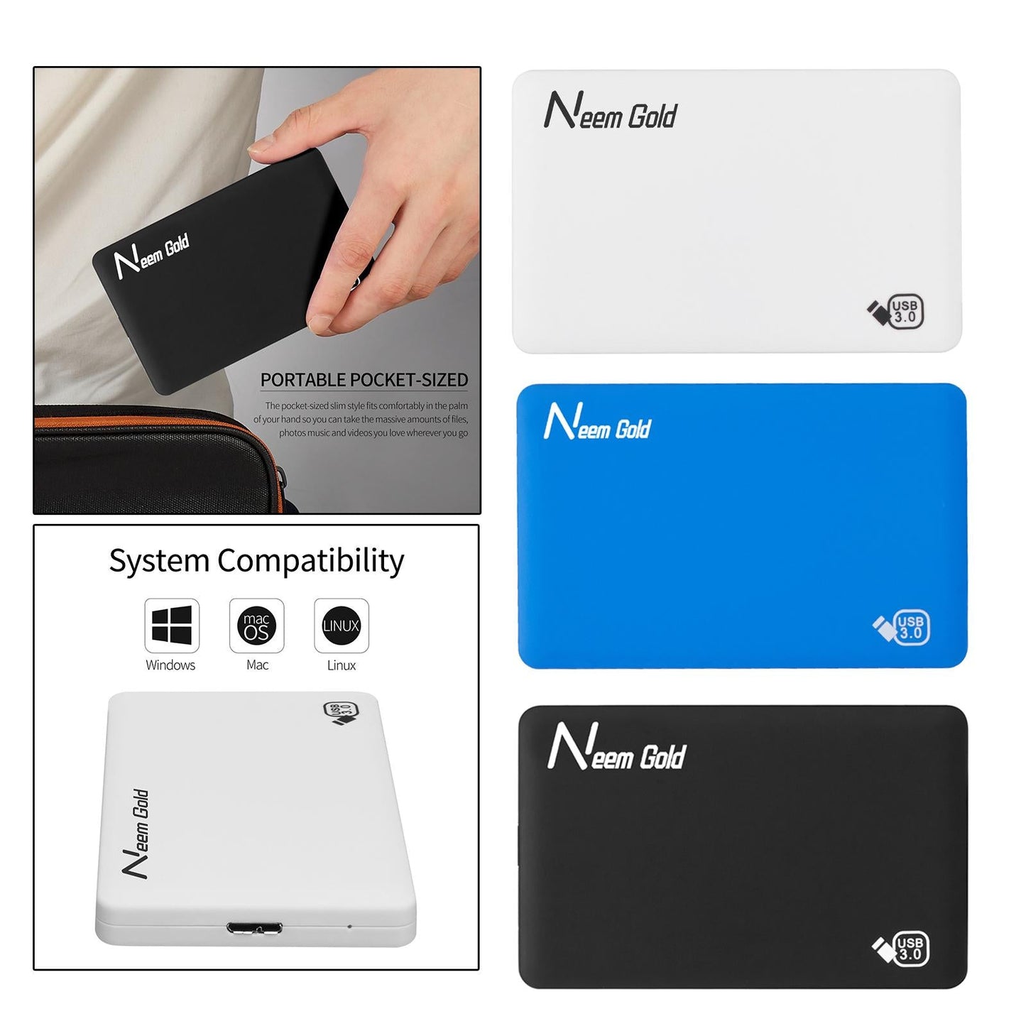 High Speed External Portable USB Hard Drive HDD for Laptops Blue 1TB