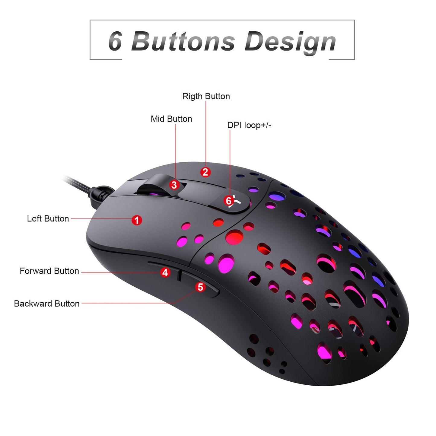 RGB Gaming Mouse Wired Hollow-Out Design High Precision Breathable 6-button