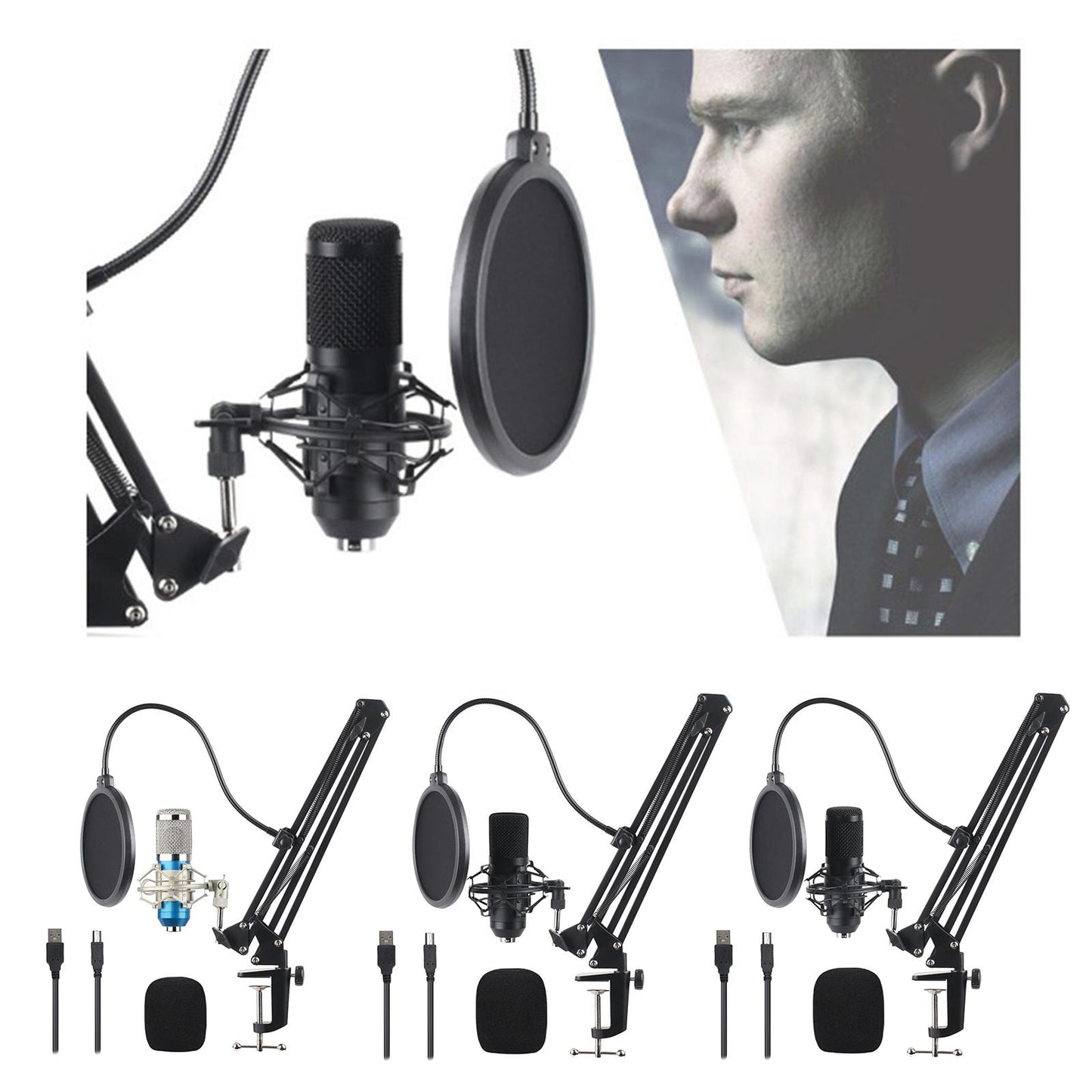 USB Condenser Microphone Kit w/Shock Mount Pop Filter Kit Blue BM800