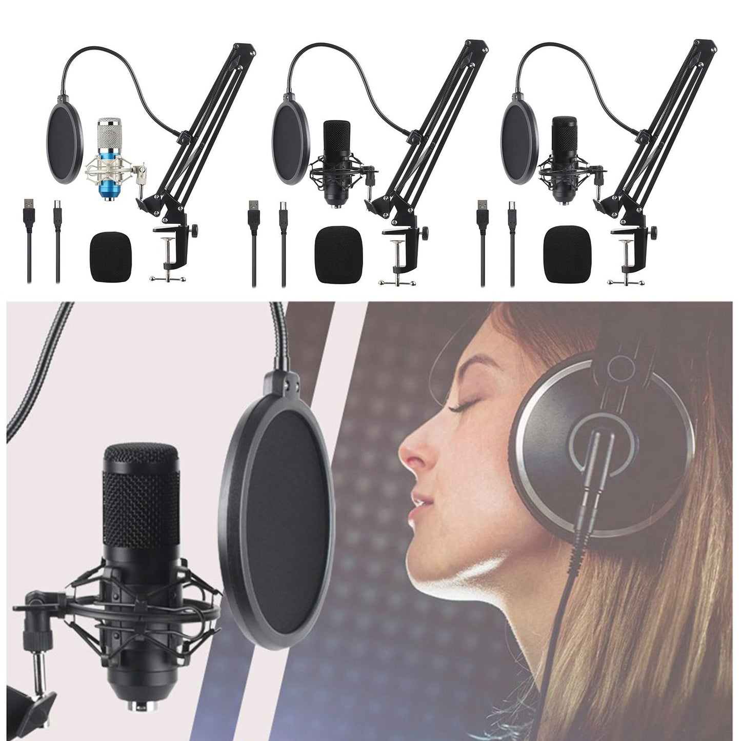 USB Condenser Microphone Kit w/Shock Mount Pop Filter Kit Blue BM800