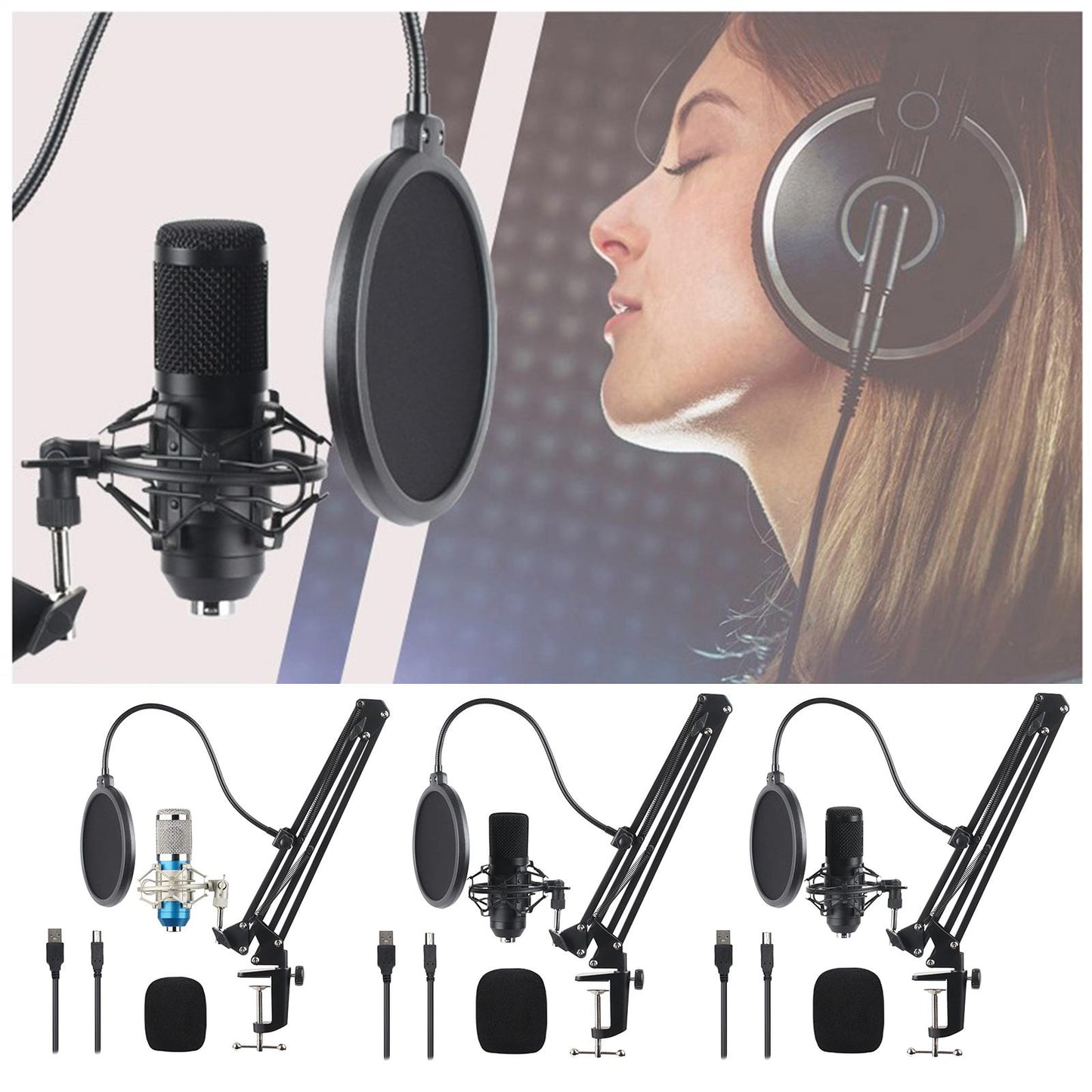 USB Condenser Microphone Kit w/Shock Mount Pop Filter Kit Blue BM800