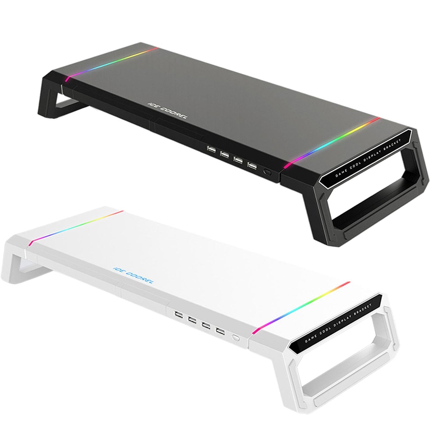 Aluminum Computer Monitor Stand Riser Bracket RGB 4 USB Desk Organizer White