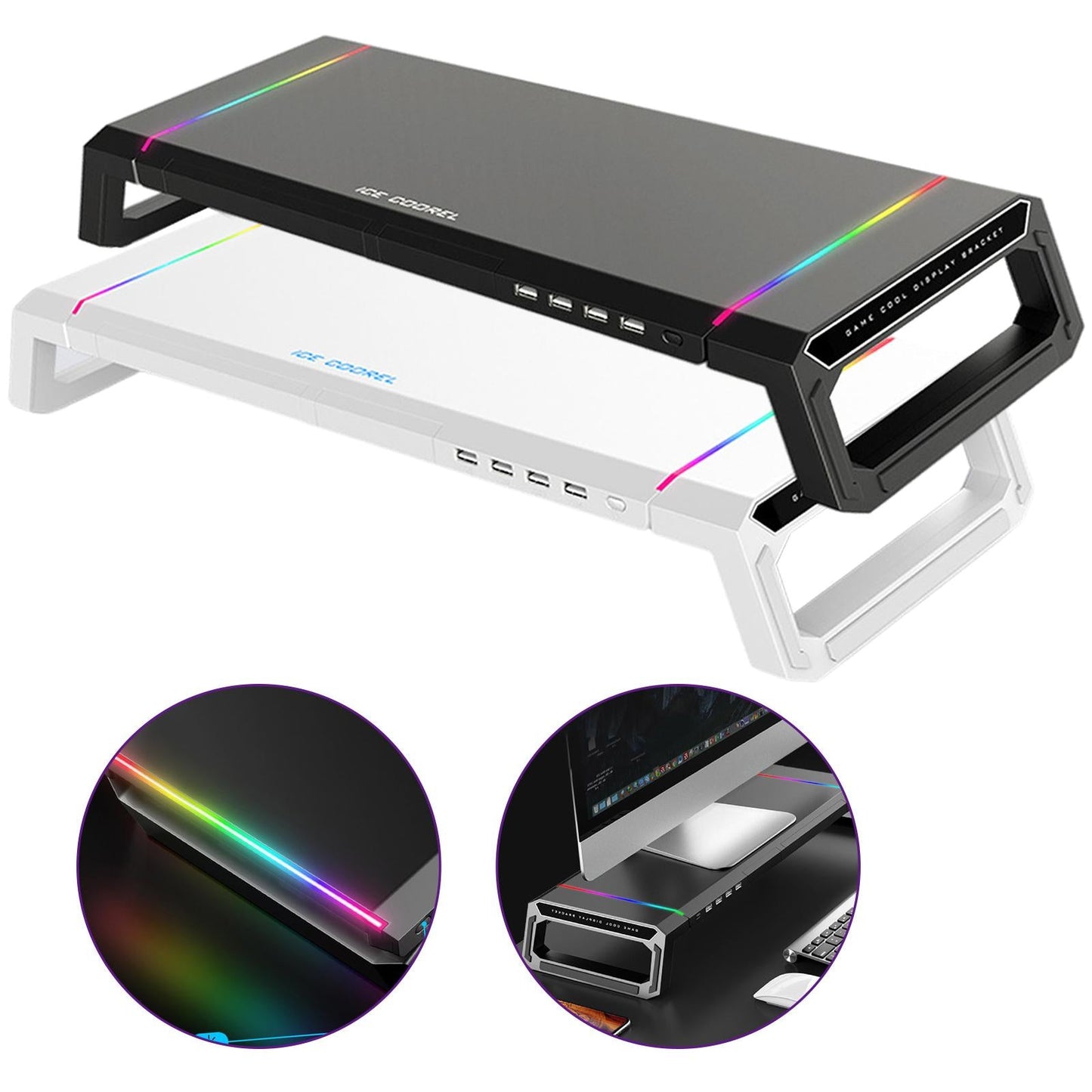 Aluminum Computer Monitor Stand Riser Bracket RGB 4 USB Desk Organizer White