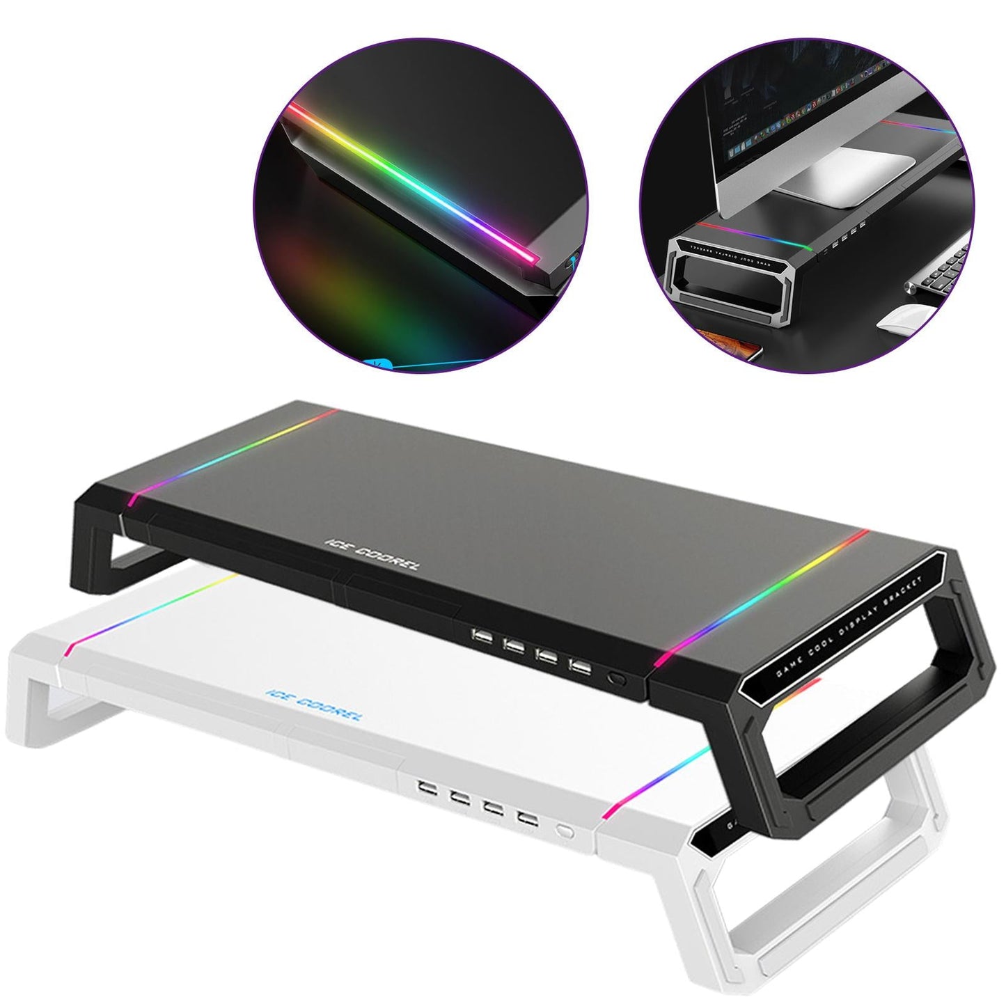 Aluminum Computer Monitor Stand Riser Bracket RGB 4 USB Desk Organizer White