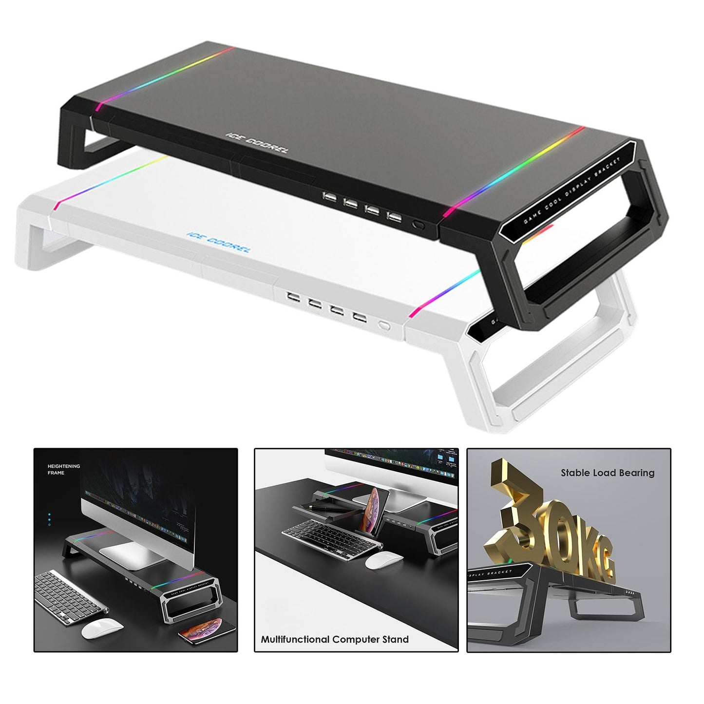 Aluminum Computer Monitor Stand Riser Bracket RGB 4 USB Desk Organizer White