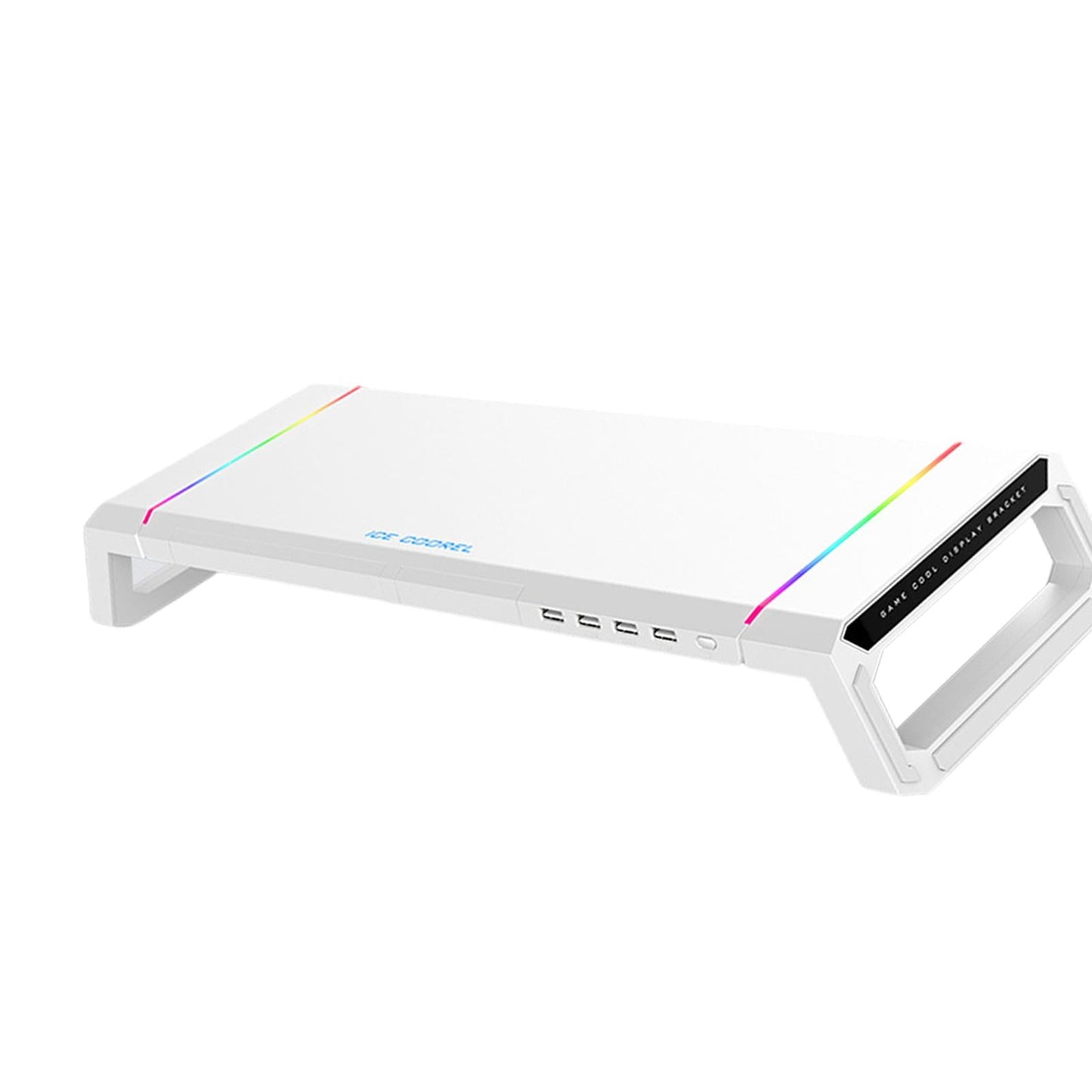 Aluminum Computer Monitor Stand Riser Bracket RGB 4 USB Desk Organizer White