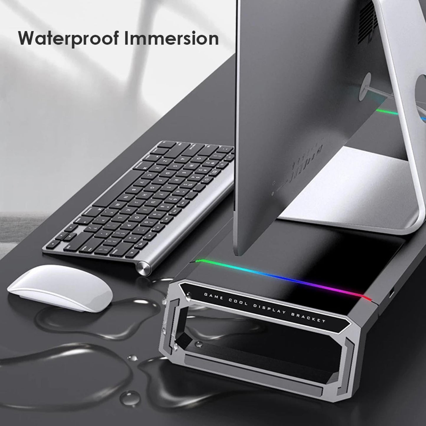 Aluminum Computer Monitor Stand Riser Bracket RGB 4 USB Desk Organizer Black