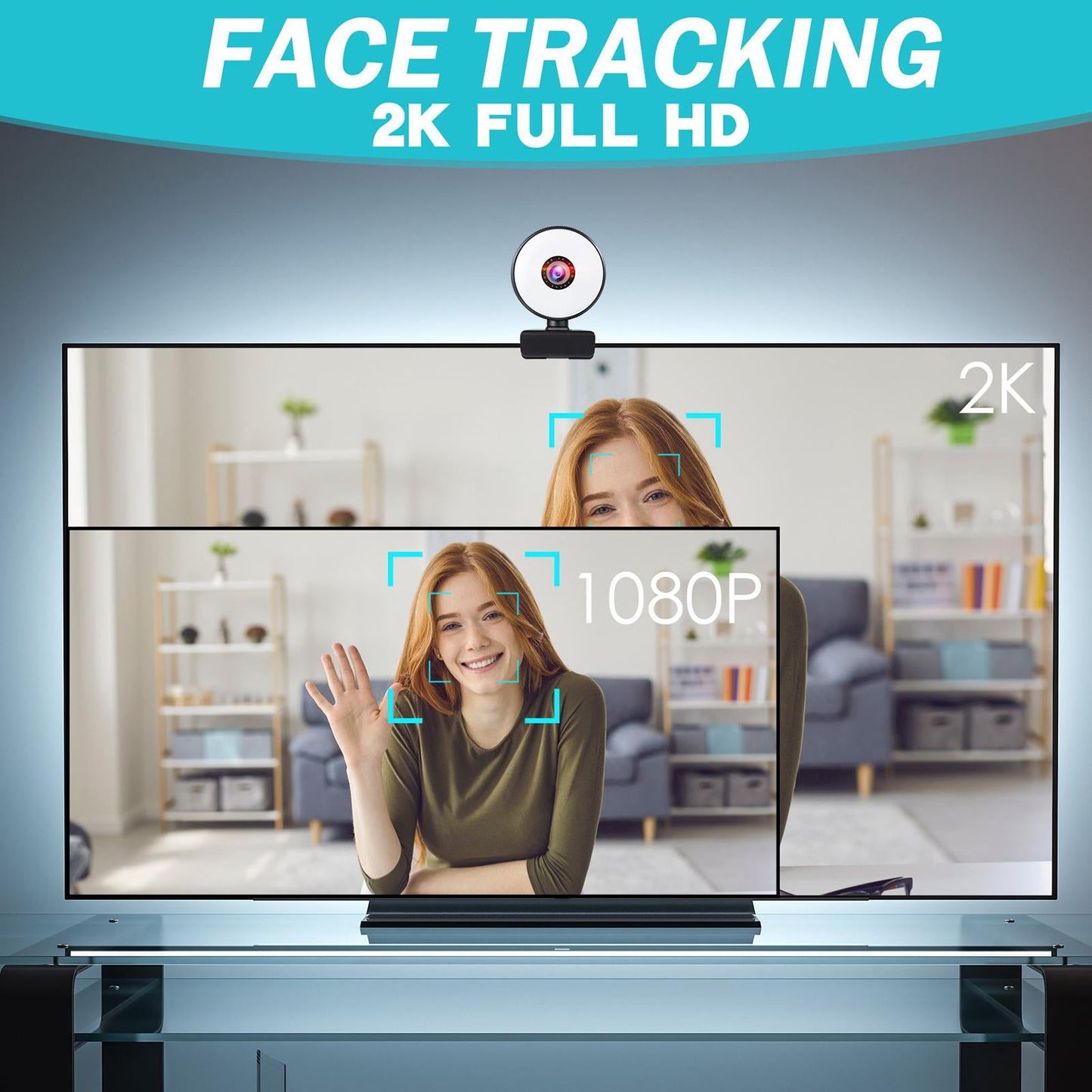 Webcam with 3 Light Modes Microphone and Tripod for Gaming Streaming PC 2k