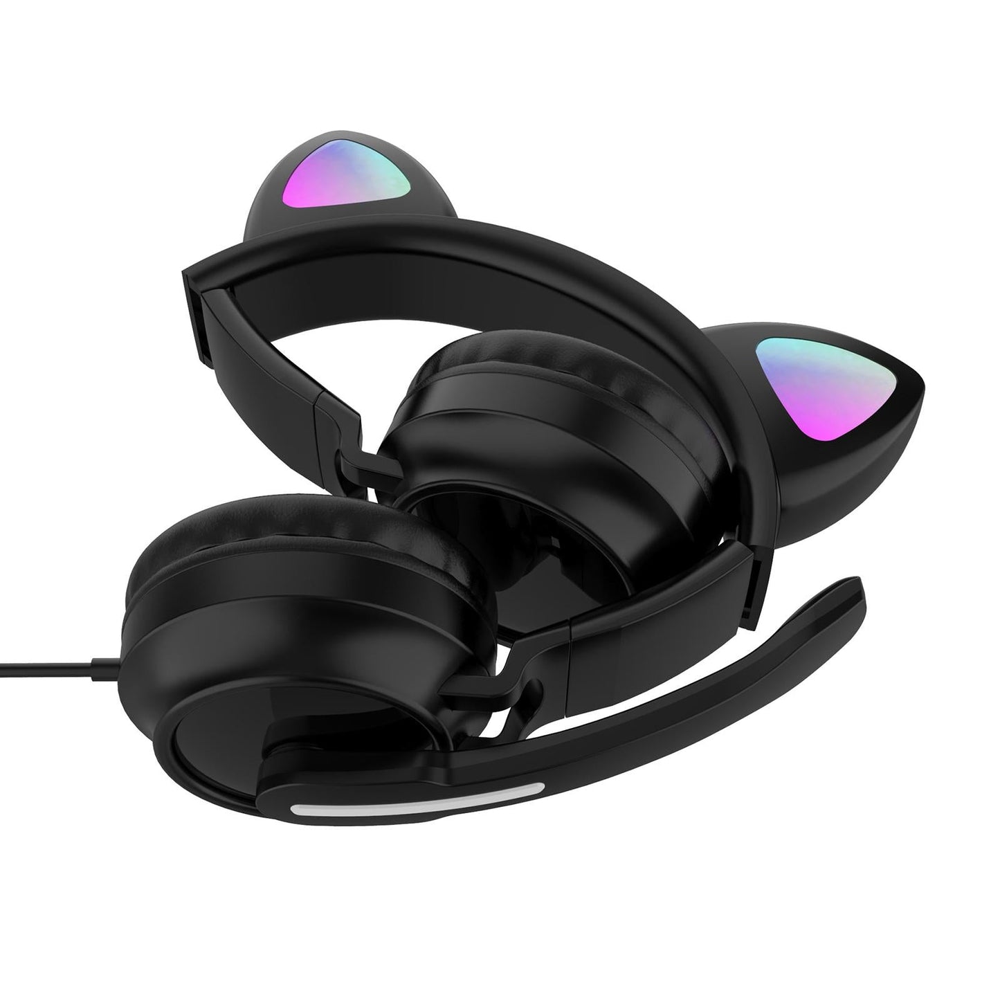 LED Cat EarHeadphonesWired Foldable Over Ear Headset Cute Girl Kid Black