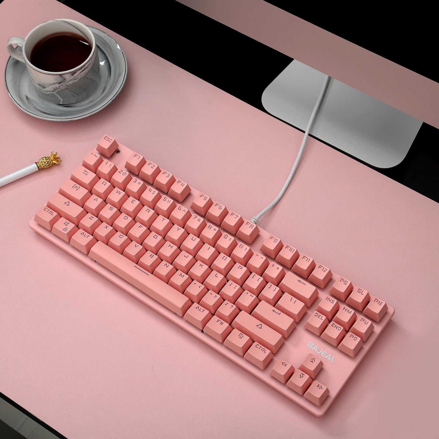 Cute 87-Key Backlit Wired Mechanical Keyboard for Windows Gamer PC Pink