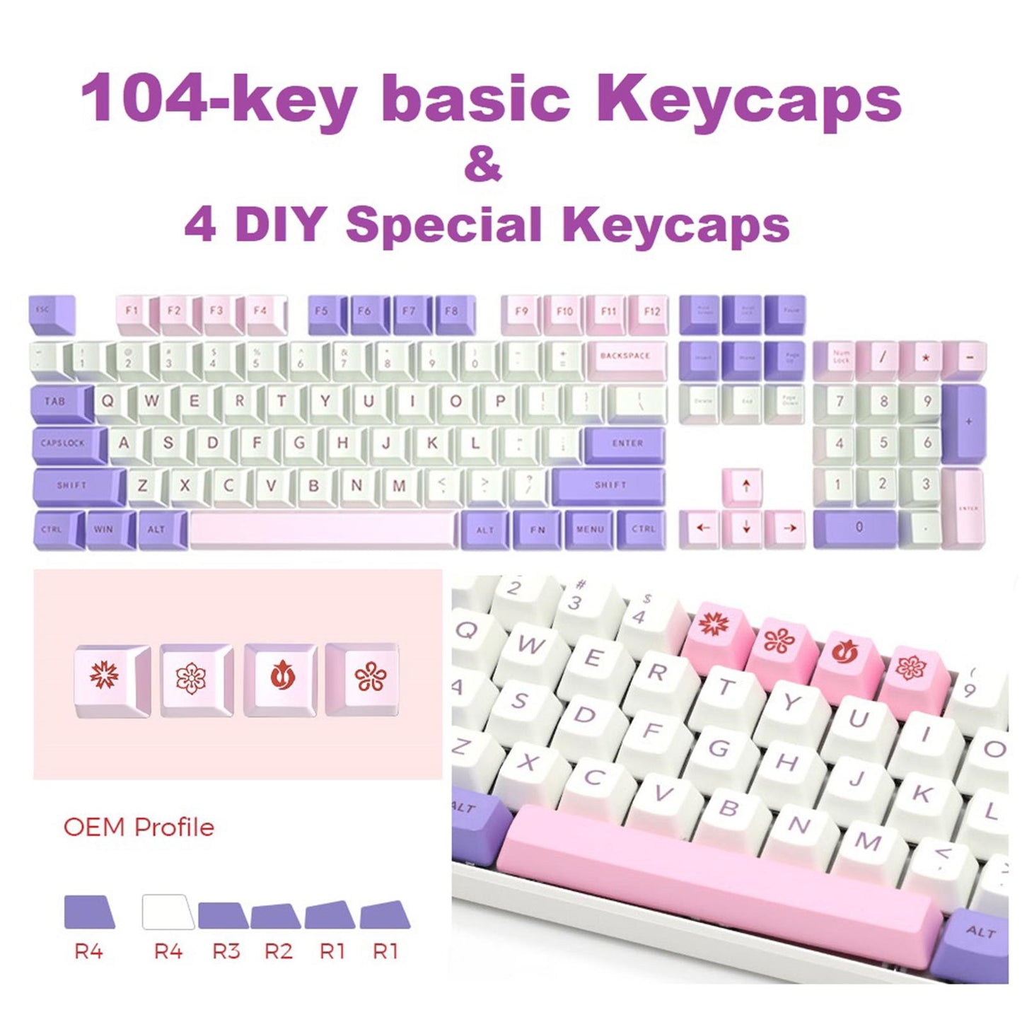 108 Key Mechanical Keyboard Keycaps Pink & Purple Dustproof Waterproof Home