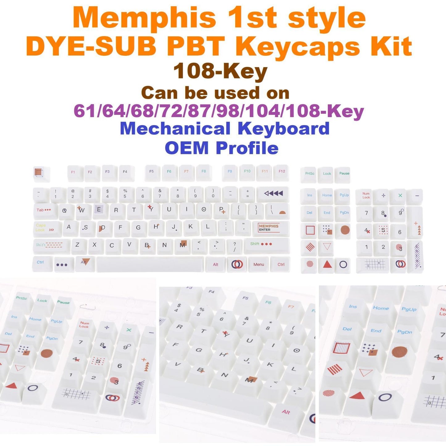 108 Keys PBT Keycaps OEM Profile Suitable for Any Size Mechanical Keyboard Memphis R1