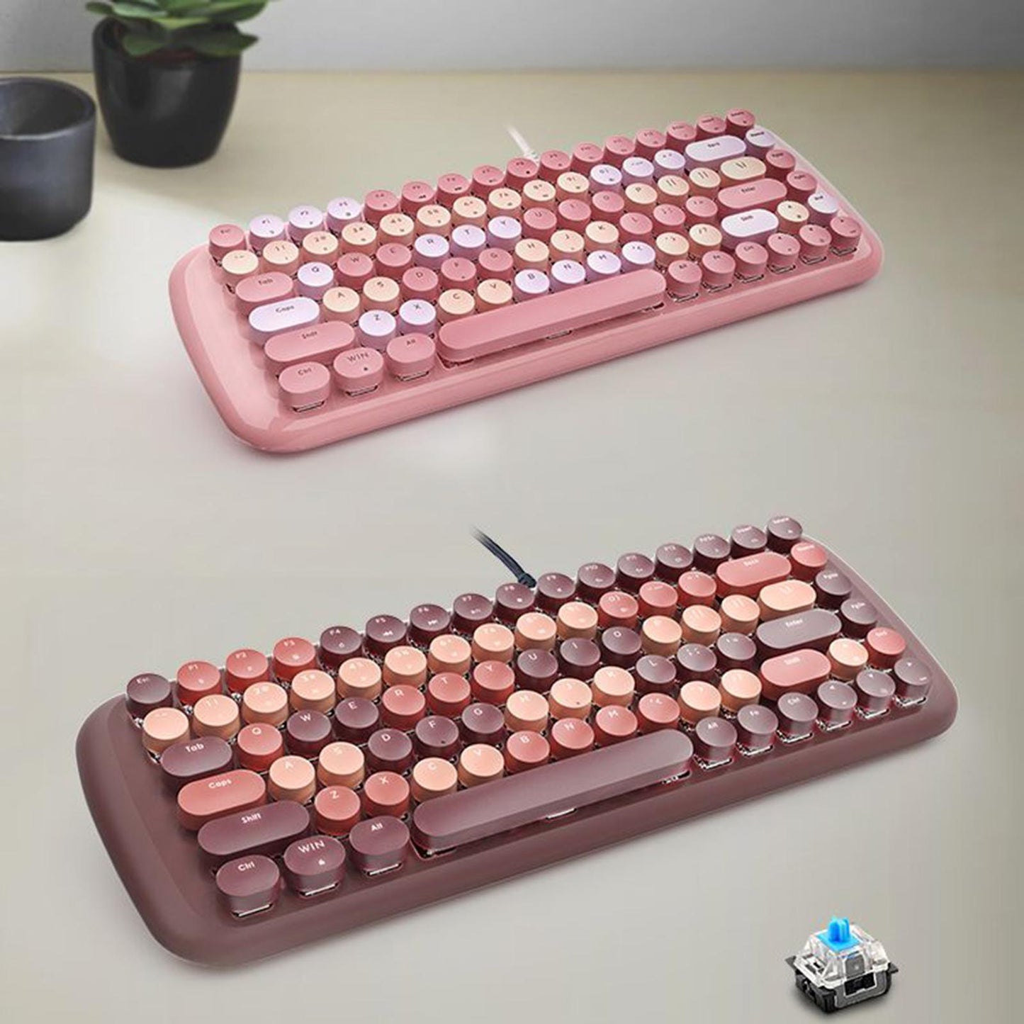 Colorful USB Wired Mechanical Keyboard 84 keys Retro Round Keycaps w/Backlit Pink Mixed