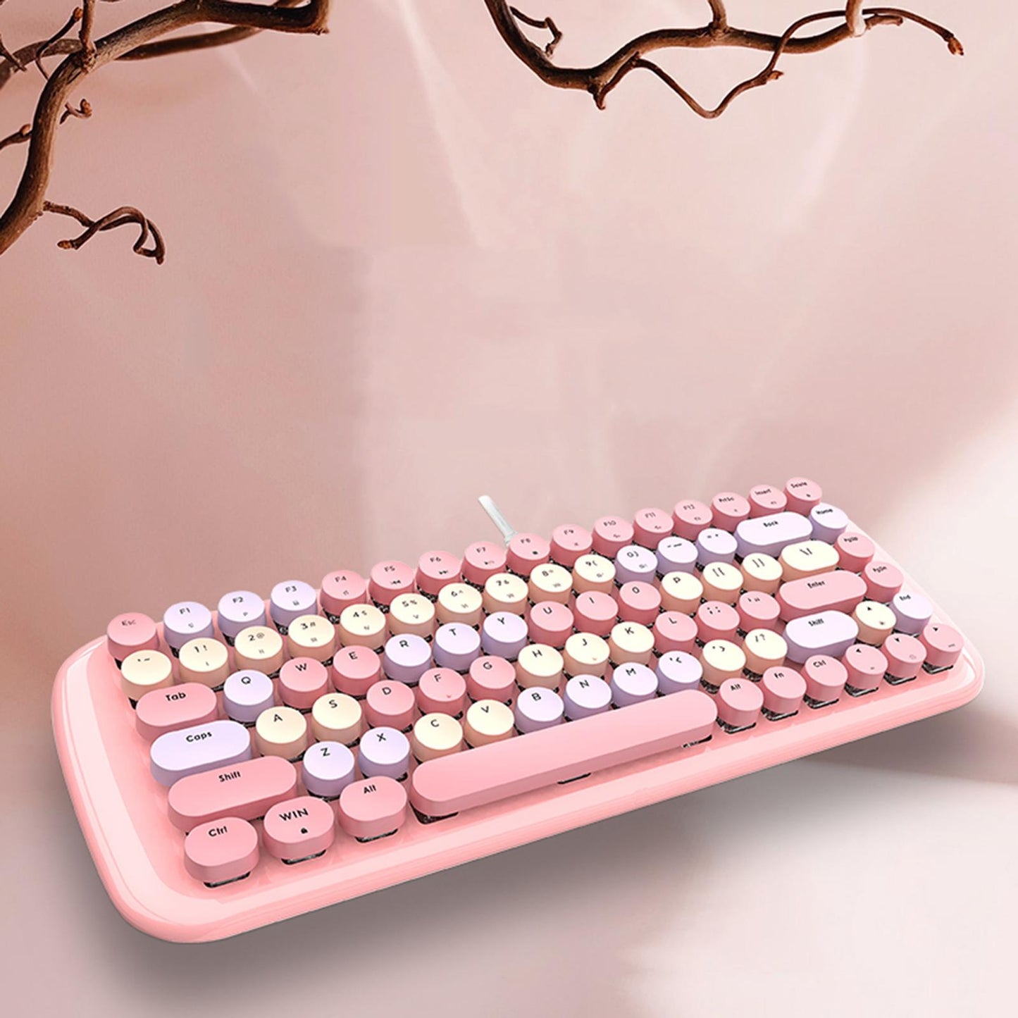 Colorful USB Wired Mechanical Keyboard 84 keys Retro Round Keycaps w/Backlit Pink Mixed