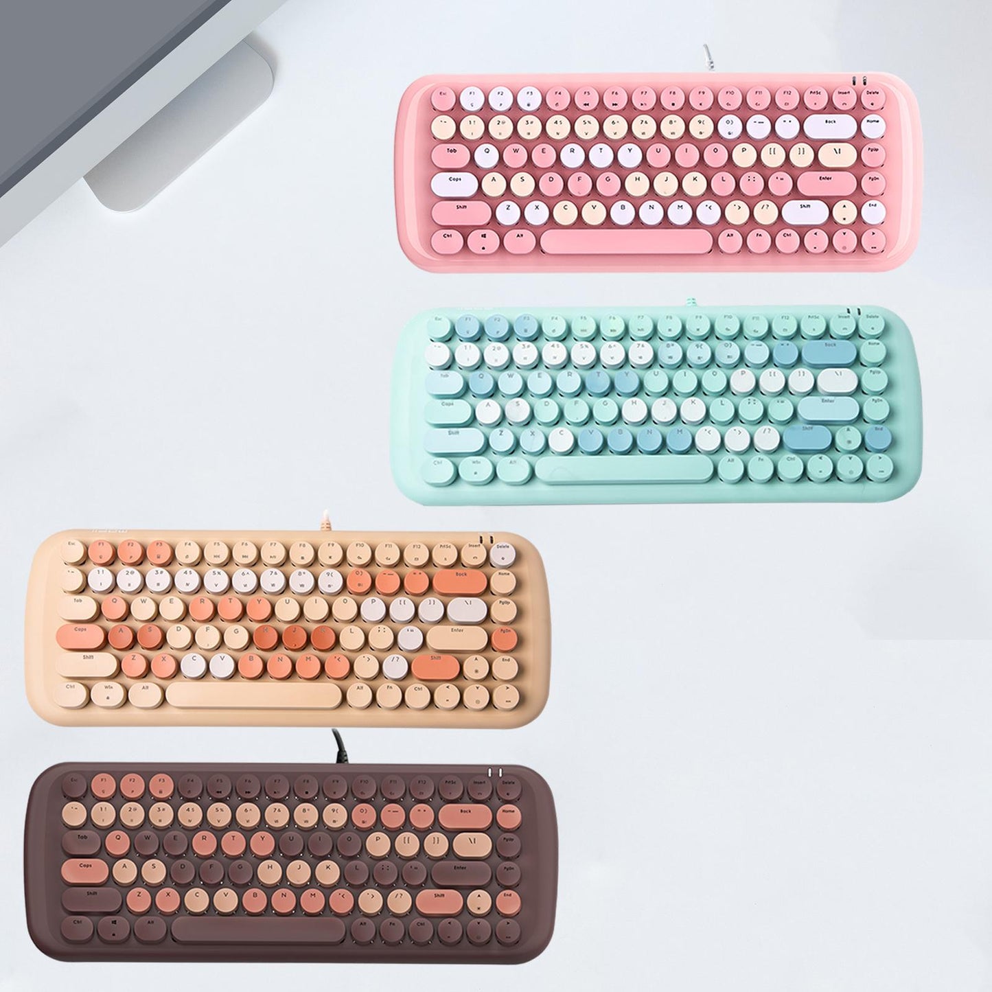 Colorful USB Wired Mechanical Keyboard 84 keys Retro Round Keycaps w/Backlit Pink Mixed