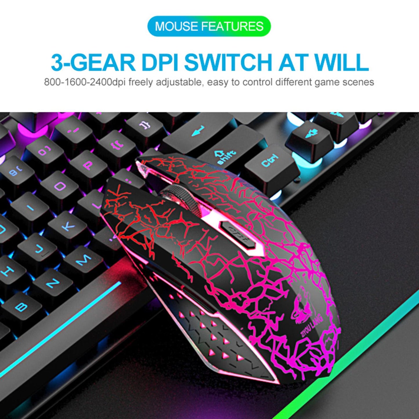 Gaming Wireless RGB Backlit Keyboard and Mouse Combo 2400dpi Black
